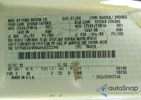 2004 Ford E-250 Commercial/Recreational from USA, damaged, VIN 1FTNE24W04HA52298